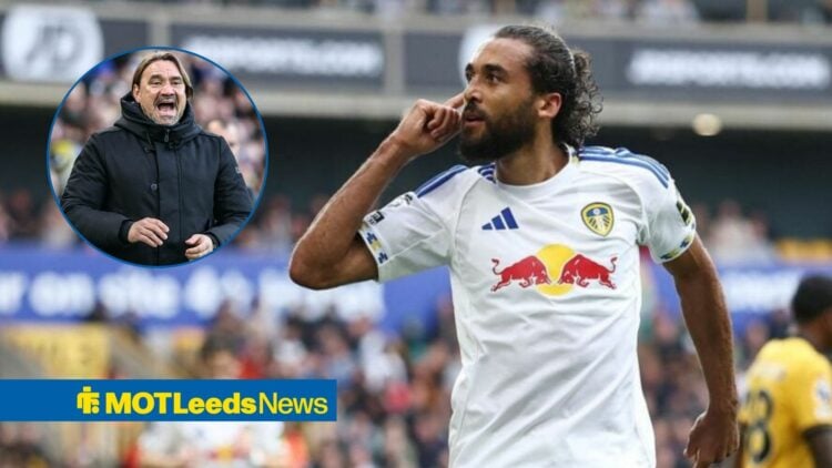 Dominic Calvert-Lewin alongside a circle inset of Daniel Farke.