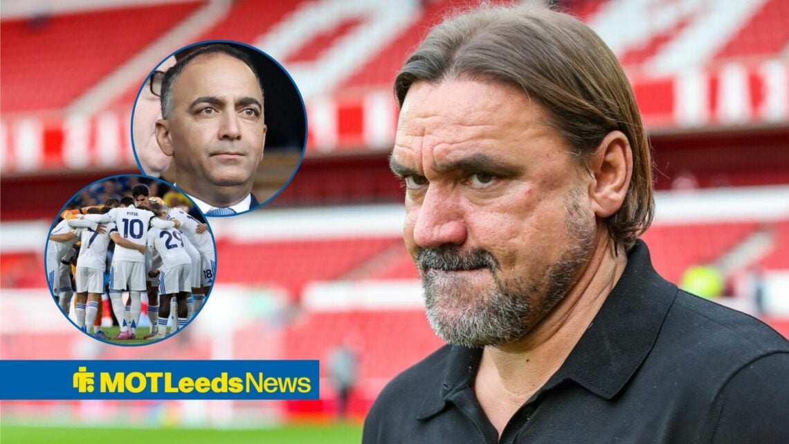 Daniel Farke looking in the direction of the Leeds squad and Paraag Marathe.