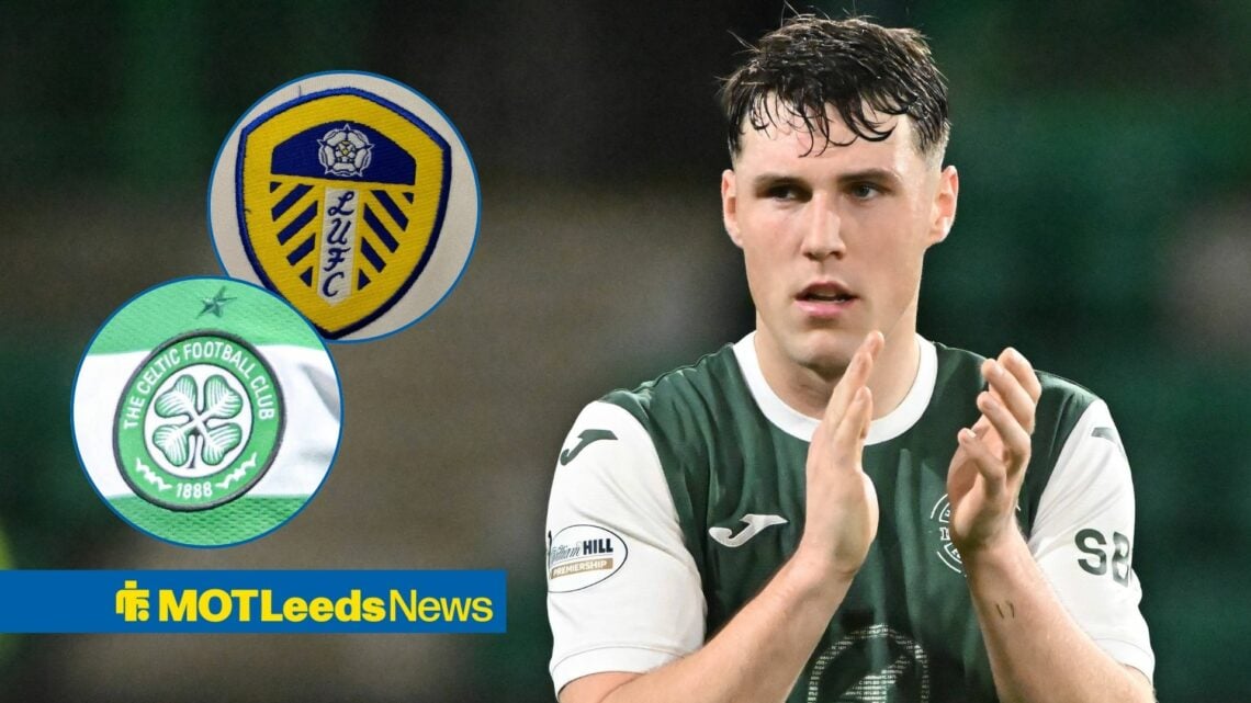 Josh Mulligan with Leeds United and Celtic badges in circular insets.