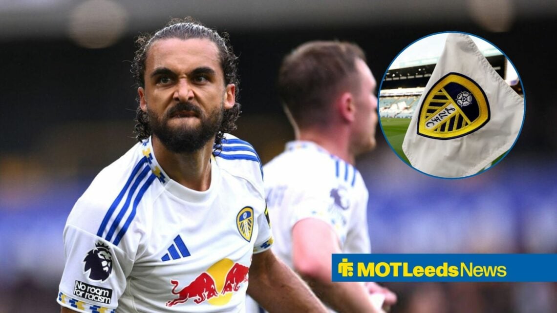 Dominic Calvert-Lewin celebrating with Leeds flag in circle