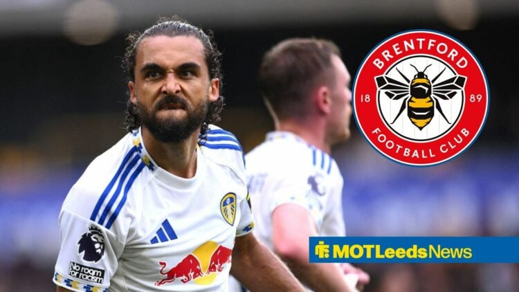 Dominic Calvert-Lewin celebrating with Brentford badge in circle