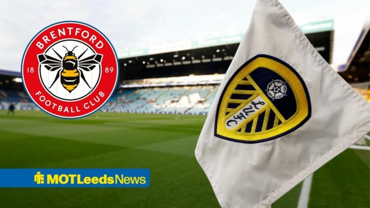 Leeds flag at Elland Road with Brentford badge in circle
