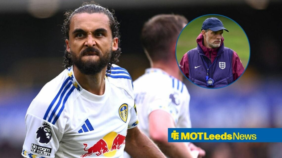 Dominic Calvert-Lewin with scrunched face celebrating with Thomas Tuchel in circular inset