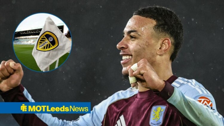 Morgan Rogers celebrating for Aston Villa looking towards a circle inset of Elland Road