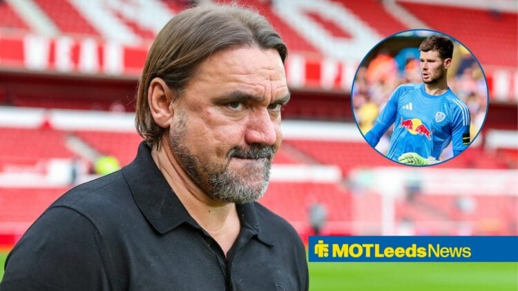 Daniel Farke and Illan Meslier in a circular inset.