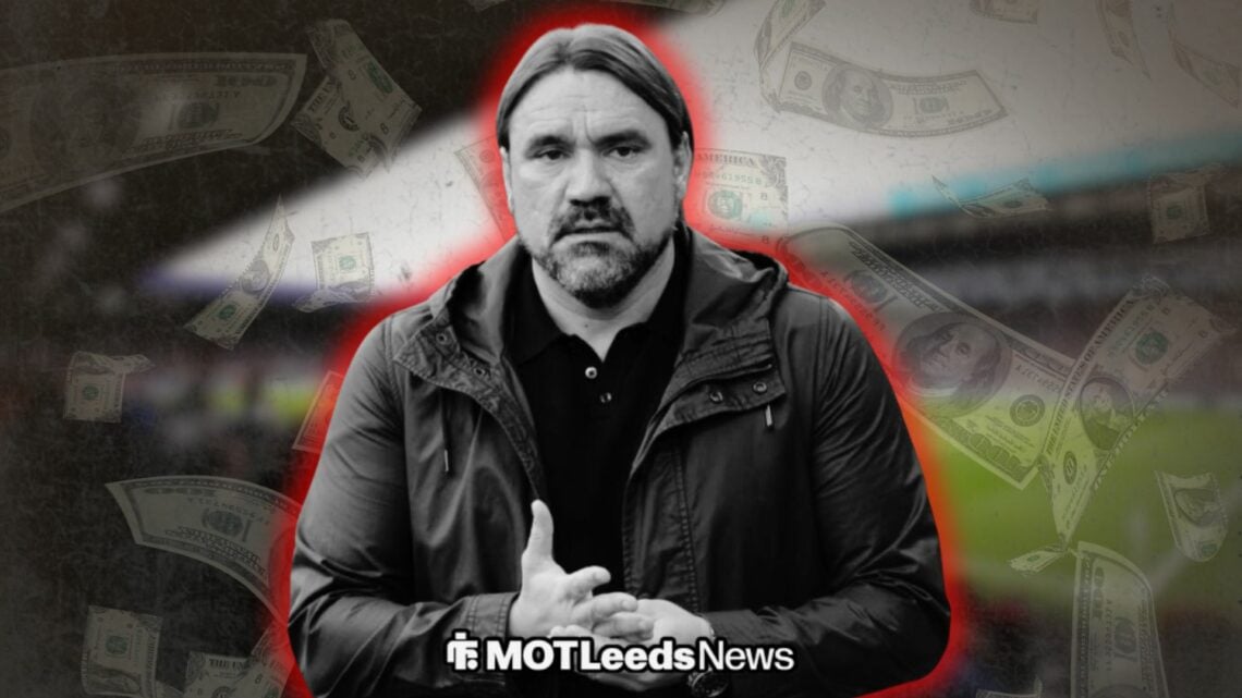 Daniel Farke greyed out at Elland Road surrounded by falling bank notes