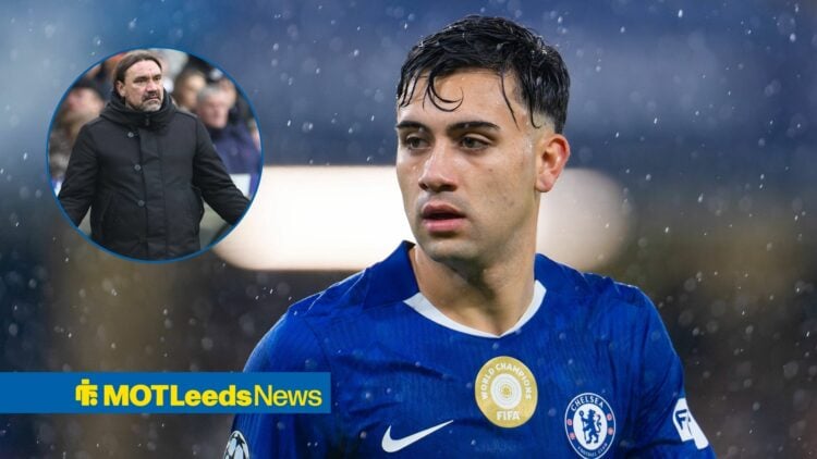 Facundo Buonanotte playing for Chelsea in the rain and Daniel Farke looks confused in a round overlay