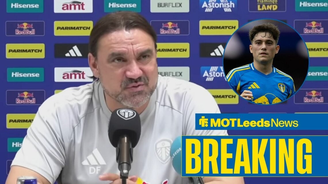 Daniel Farke speaking at a press conference, with Daniel James in a circular frame inset