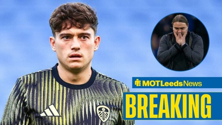 Dan James looking concerned in the direction of a distraught Daniel Farke