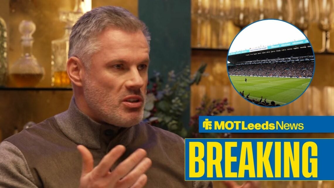 Jamie Carragher talking about Leeds, alongside a picture of Elland Road