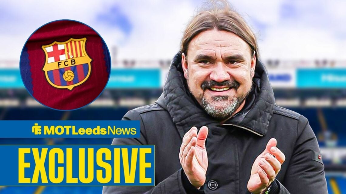 Daniel Farke smiling with Barcelona badge in frame