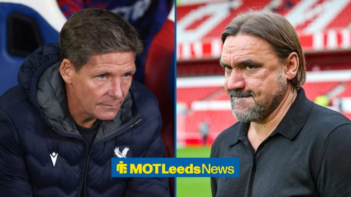 Oliver Glasner and Daniel Farke looking at one another with a serious expression.