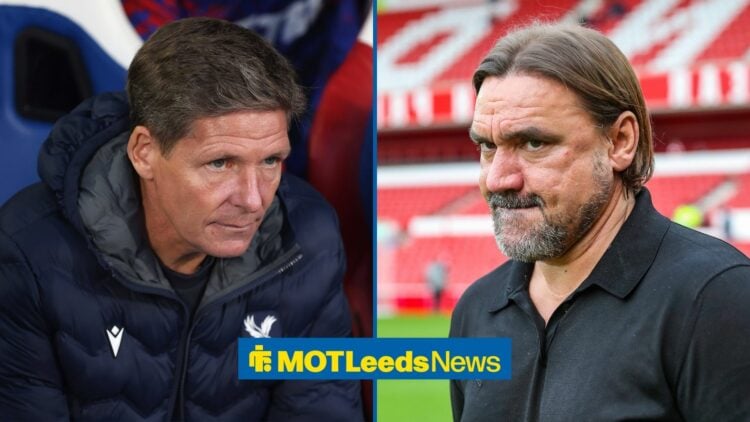 Oliver Glasner and Daniel Farke looking at one another with a serious expression.