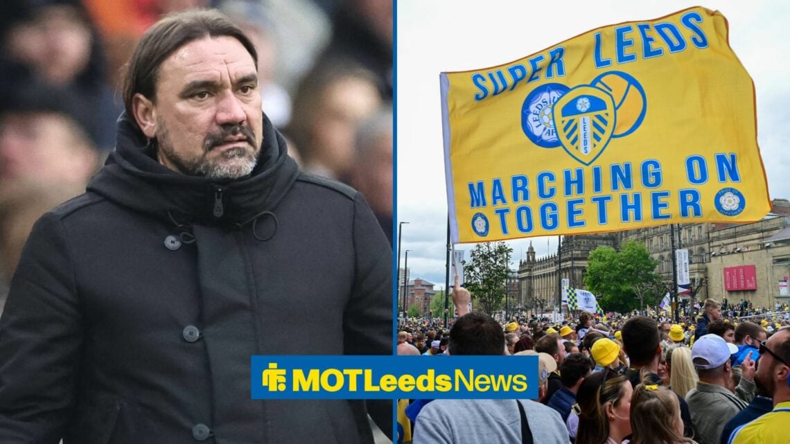 Daniel Farke looking confused in the direction of Leeds supporters.