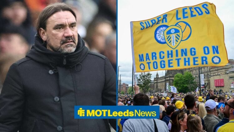 Daniel Farke looking confused in the direction of Leeds supporters.