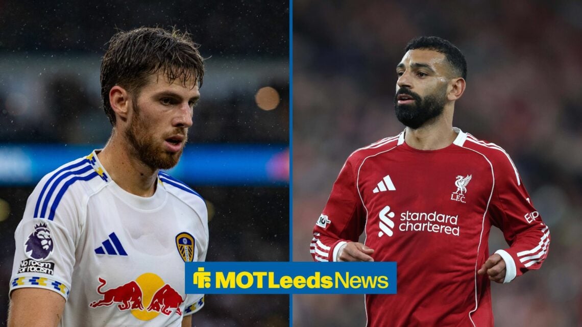 Anton Stach on left looking at Mohamed Salah on right