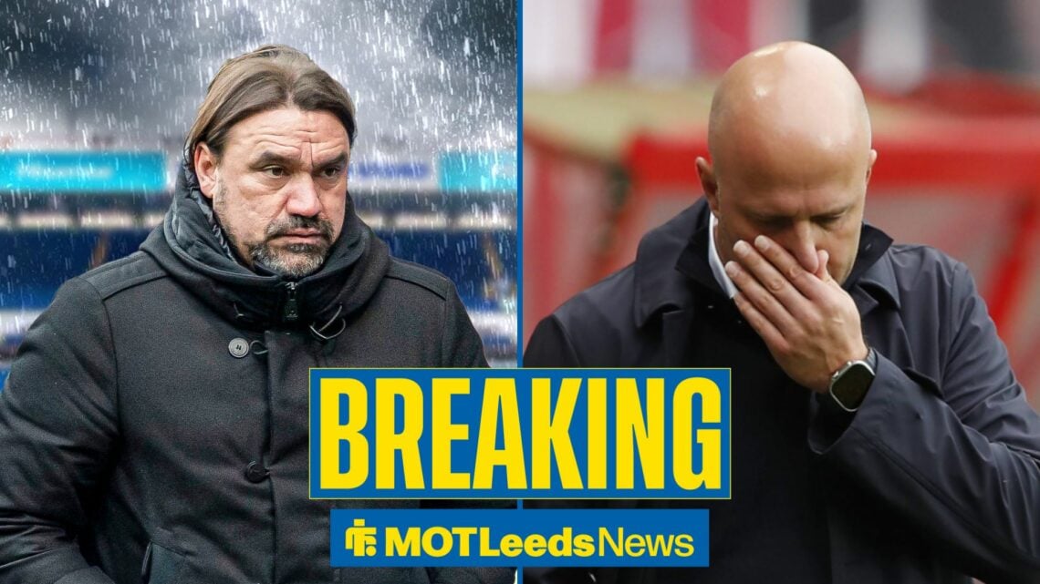 Daniel Farke in rain with Arne Slot with head in hands in image split