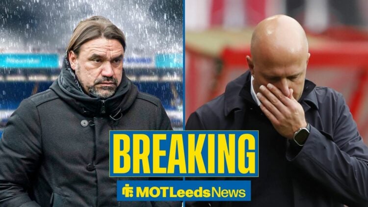 Daniel Farke in rain with Arne Slot with head in hands in image split