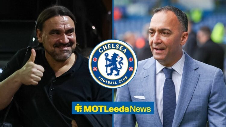 Daniel Farke and Paraag Marathe looking at each other, with a Chelsea badge in the middle.