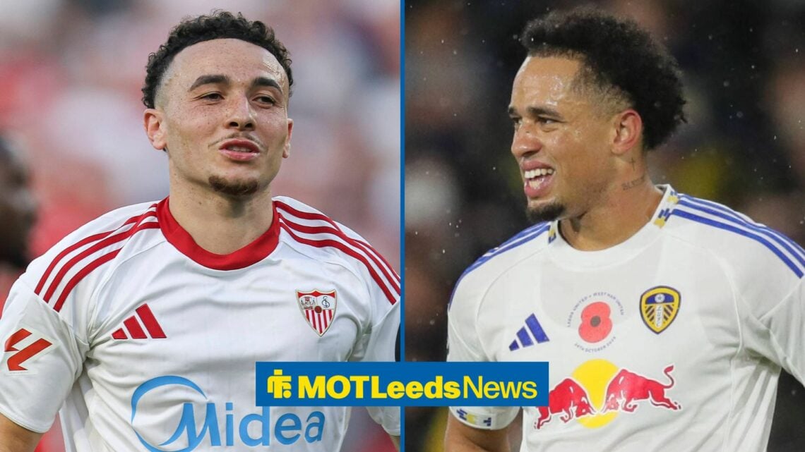 Ruben Vargas of Seville and Noah Okafor looking in the direction of each other.