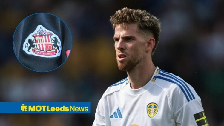 Anton Stach in action for Leeds United, Sunderland badge in inset.