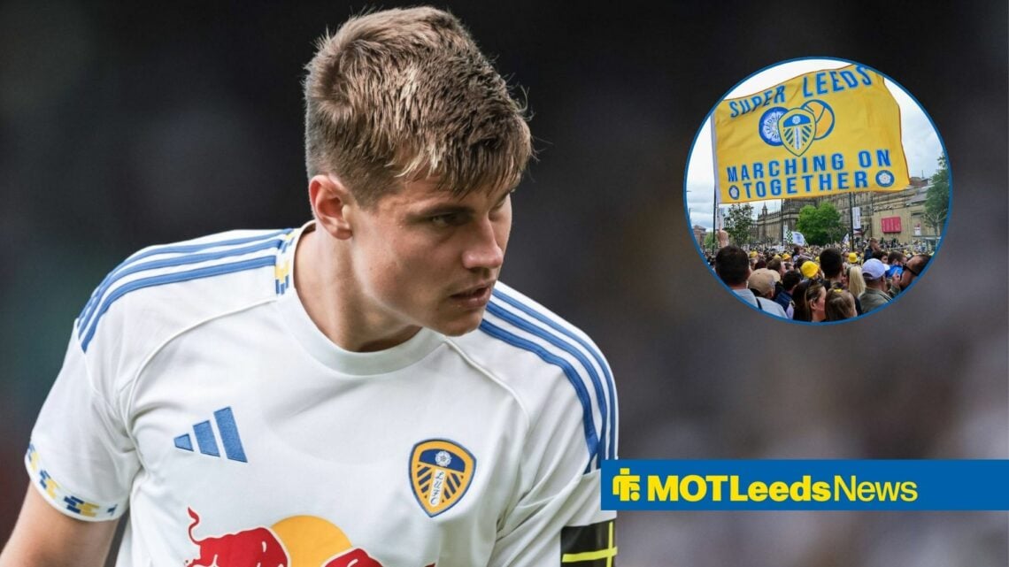 Leeds United's Jaka Bijol with fans inset