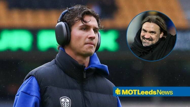 Leeds United star Brenden Aaronson, Daniel Farke in inset.