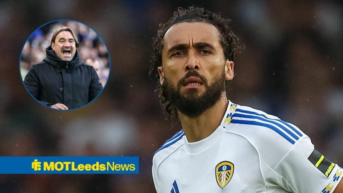 Dominic Calvert-Lewin frowns playing for Leeds United and Daniel Farke shouting in a round overlay
