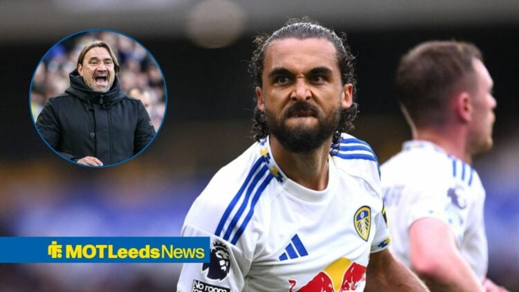 Dominic Calvert-Lewin celebrates for Leeds and Daniel Farke shouts in a round overlay