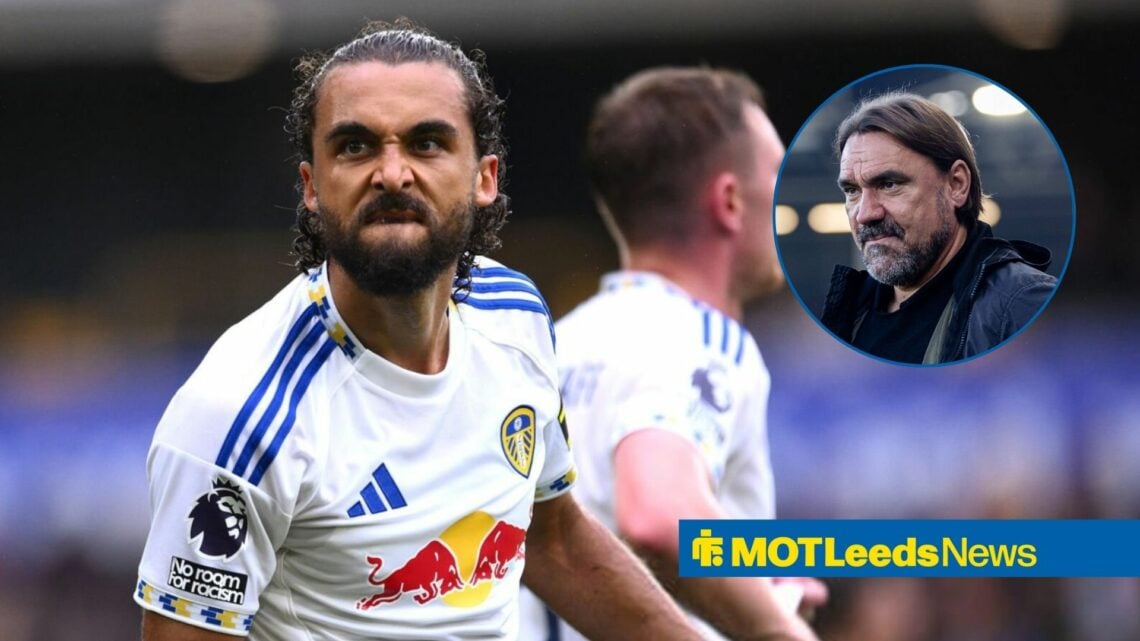 Dominic Calvert-Lewin celebrates for Leeds United with Daniel Farke in a round overlay