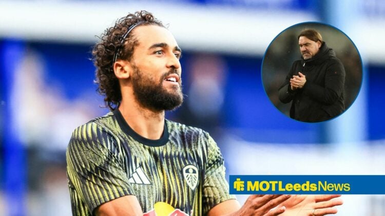 Dominic Calvert-Lewin claps playing for Leeds and Daniel Farke looks frustrated as he claps in a round overlay
