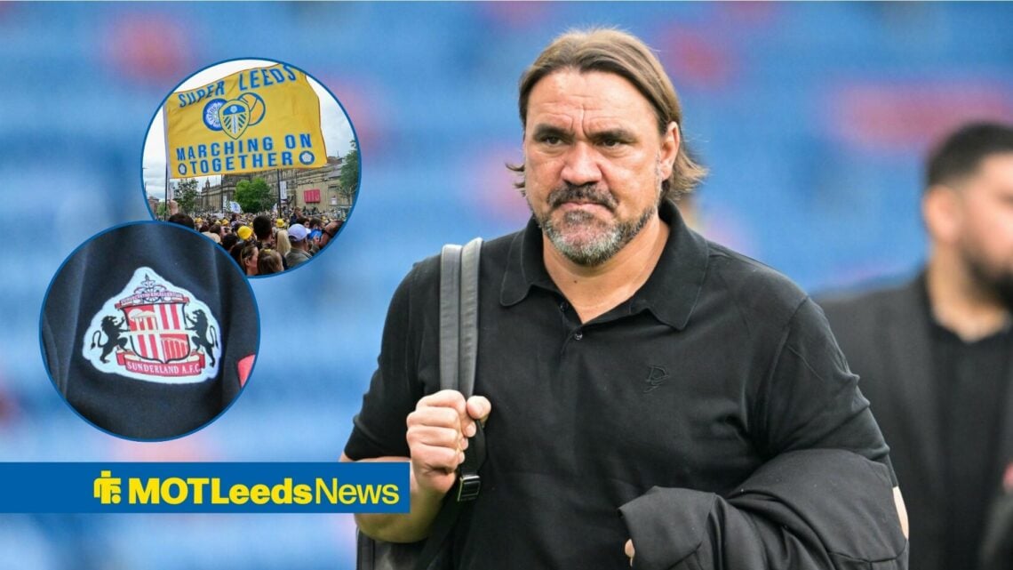 Leeds boss Daniel Farke looking happy, Whites fans and Sunderland badge in inset.