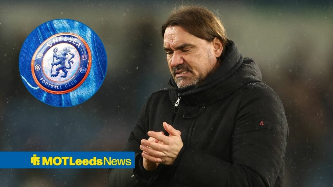 Leeds boss Daniel Farke looking agonised, Chelsea badge in inset.