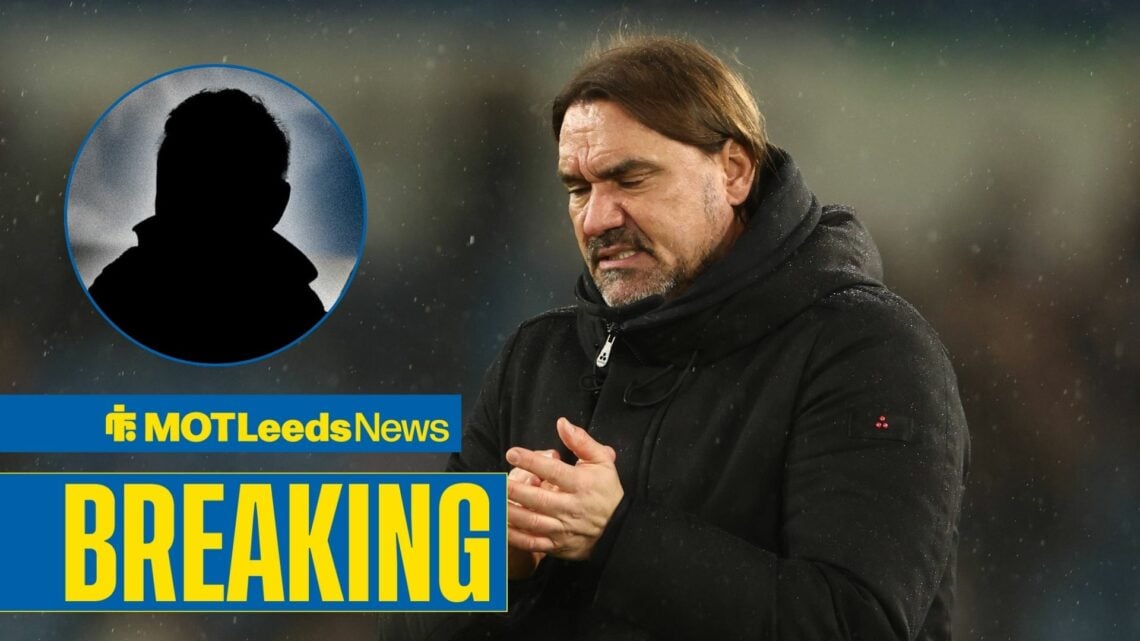 Leeds United manager Daniel Farke looking sad, mystery figure in inset.