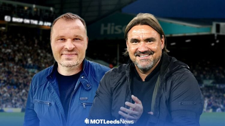 Leeds United legend Mark Viduka and Daniel Farke smiling with Elland Road in background.