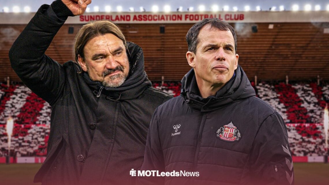 Leeds manager Daniel Farke celebrating, Regis Le Bris looking miserable.