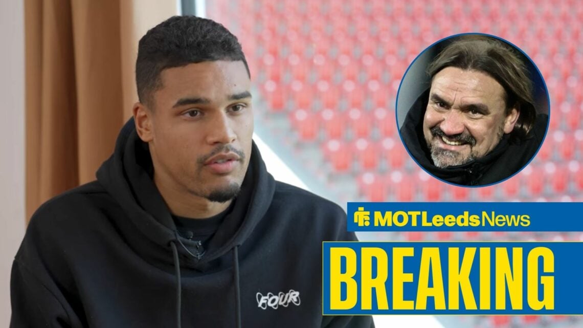 Danilho Doekhi looking happy, Leeds United boss Daniel Farke in inset.