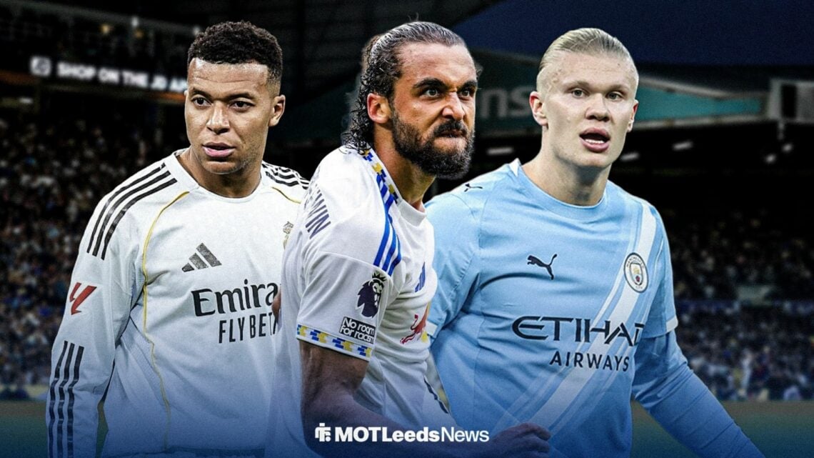 Leeds star Dominic Calvert-Lewin with Kylian Mbappe and Erling Haaland beside him.