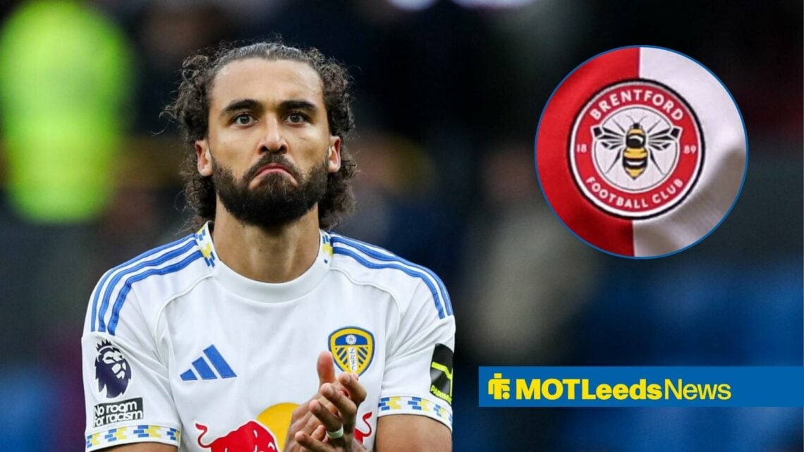 Leeds United star Dominic Calvert-Lewin clapping, Brentford badge in inset.