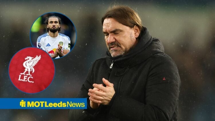Daniel Farke looking sad, Leeds United star Dominic Calvert-Lewin and Liverpool badge in inset.