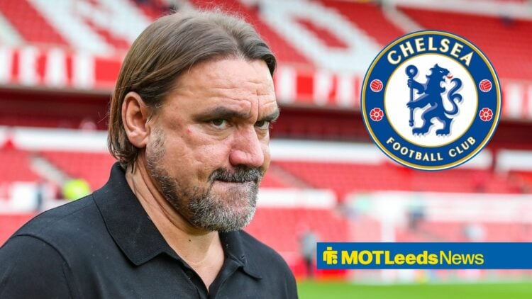 Daniel Farke looking at Leeds United badge in circular inset