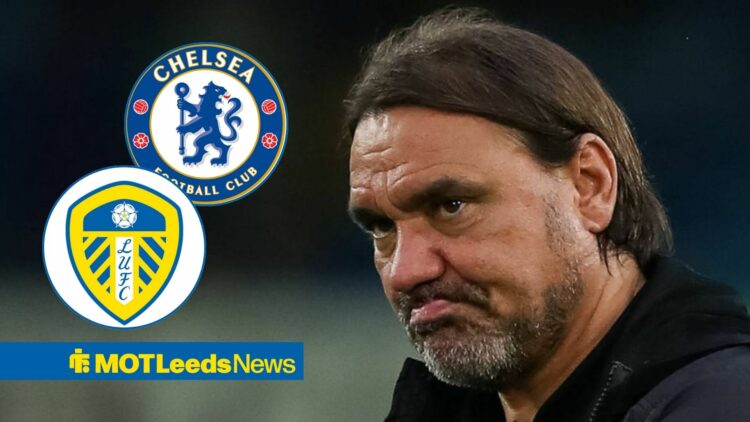 Daniel Farke looking at Leeds United and Chelsea badges