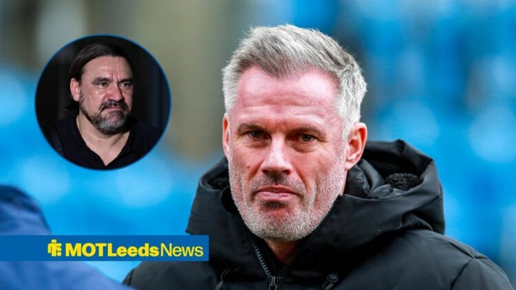Jamie Carragher looking towards a circular frame inset of Daniel Farke