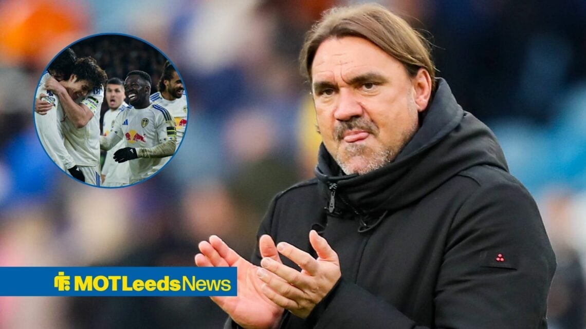Leeds boss Daniel Farke clapping with Wilfried Gnonto inset