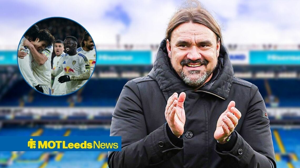 Leeds United boss Daniel Farke clapping with Willy Gnonto inset
