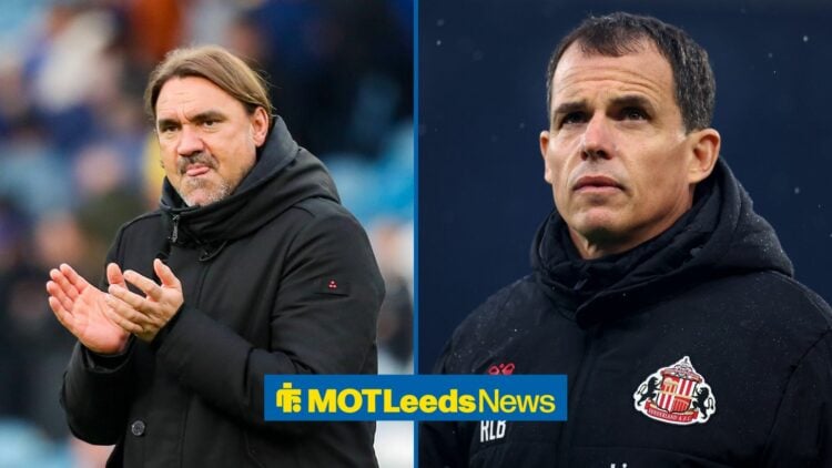 Leeds boss Daniel Farke in a split image with Regis Le Bris