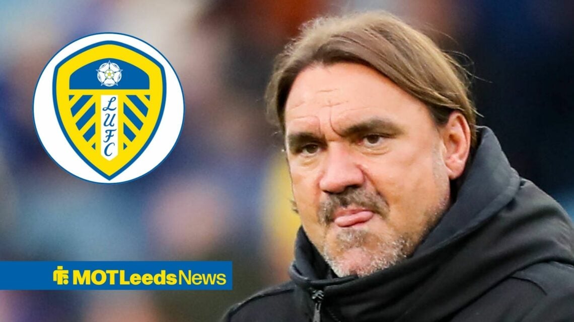 Daniel Farke looking at Leeds United badge in circular inset
