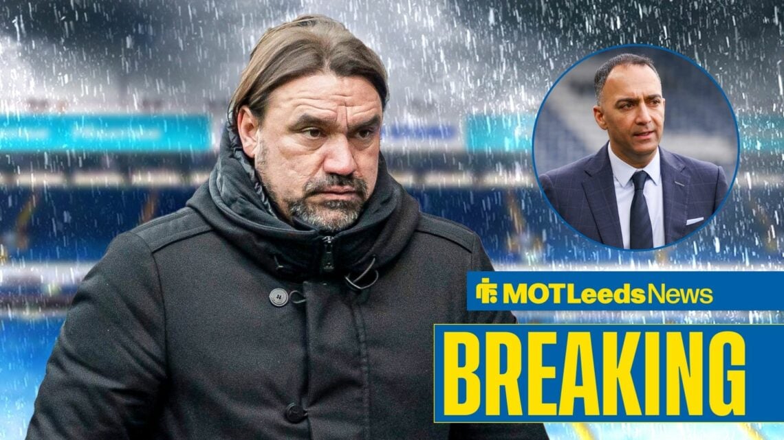 Leeds boss Daniel Farke looking sad with Paraag Marathe inset