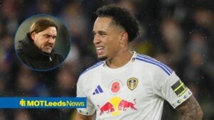 Noah Okafor next to a circular inset of Daniel Farke