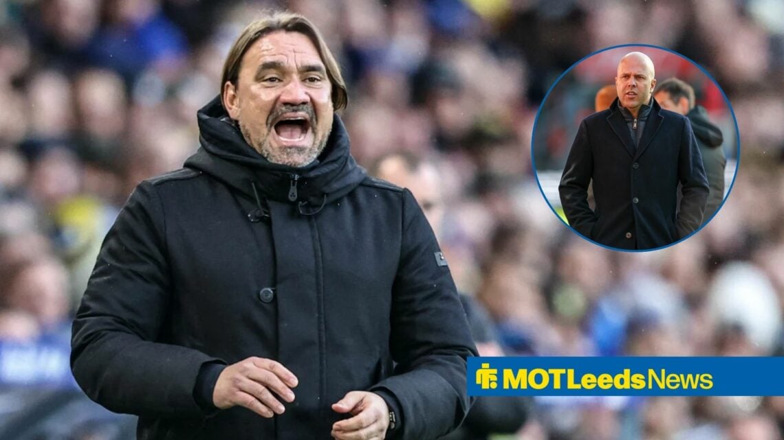 Daniel Farke shouting on the sideline and Arne Slot in a round overlay